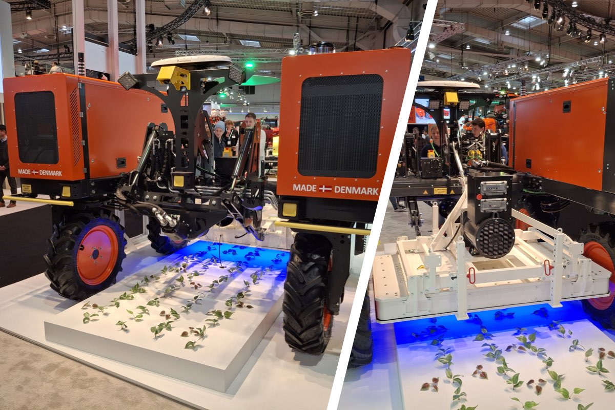 Robotti di Agrointelli in livrea arancione Kubota con attrezzatura UVBoosting per il trattamento delle orticolo con raggi UV